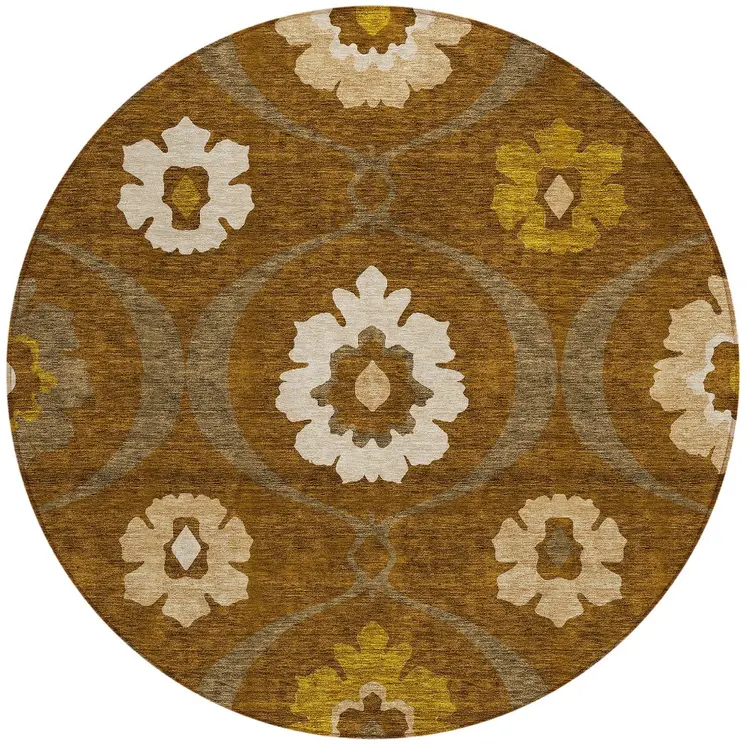 8' Brown Beige And Gold Round Medallion Washable Indoor Outdoor Area Rug