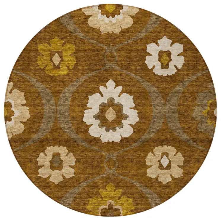 8' Brown Beige And Gold Round Medallion Washable Indoor Outdoor Area Rug