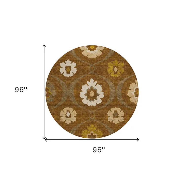 8' Brown Beige And Gold Round Medallion Washable Indoor Outdoor Area Rug