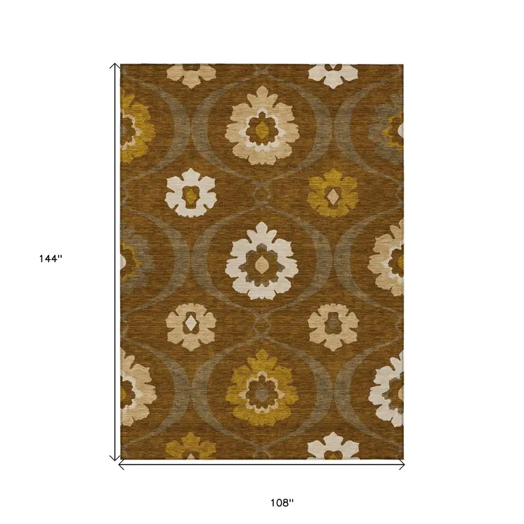 9' X 12' Brown Beige And Gold Medallion Washable Indoor Outdoor Area Rug