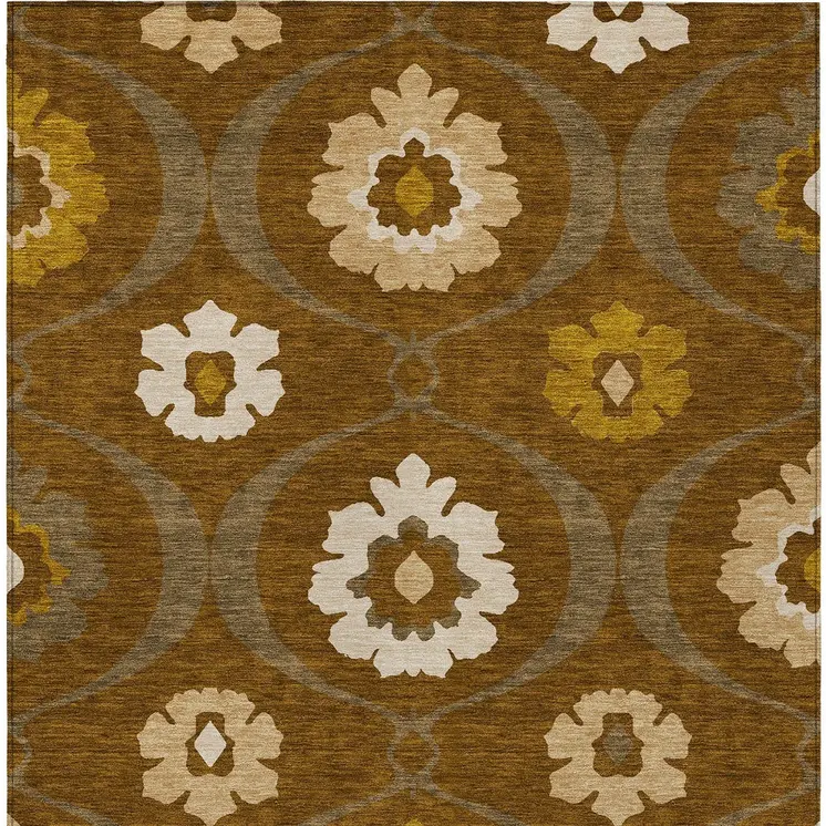 10' X 14' Brown Beige And Gold Medallion Washable Indoor Outdoor Area Rug