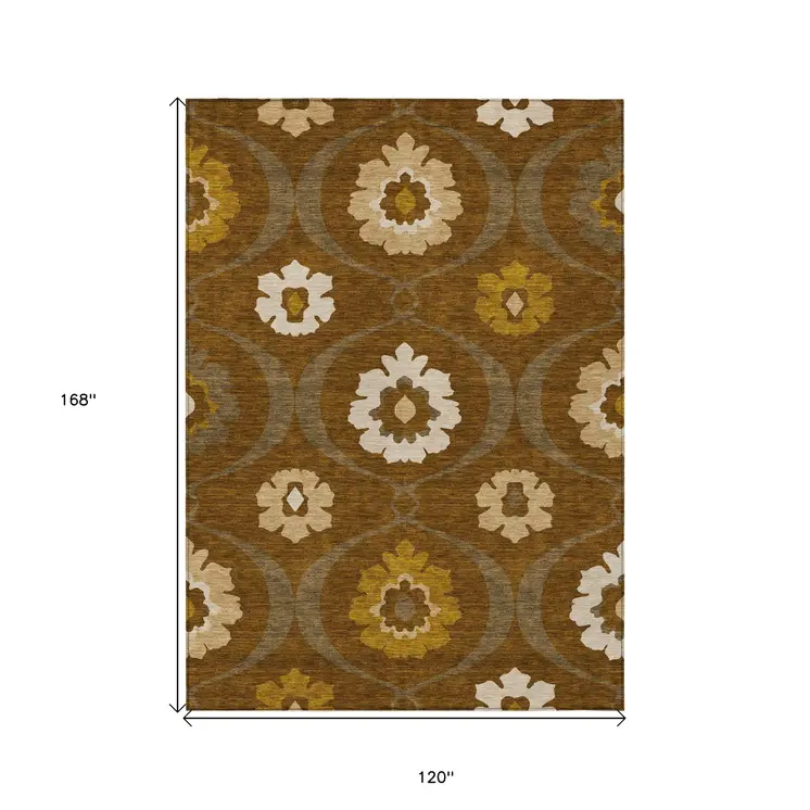 10' X 14' Brown Beige And Gold Medallion Washable Indoor Outdoor Area Rug