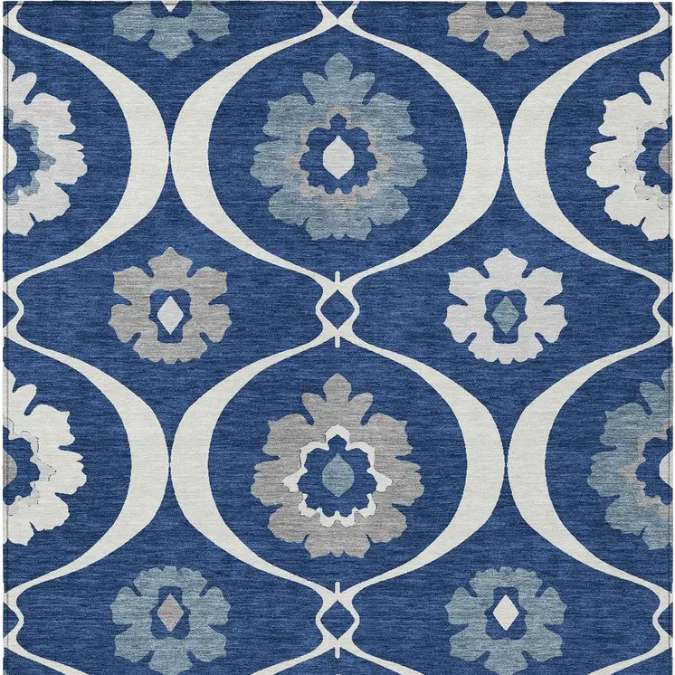 3' X 5' Navy Blue And Ivory Medallion Washable Indoor Outdoor Area Rug