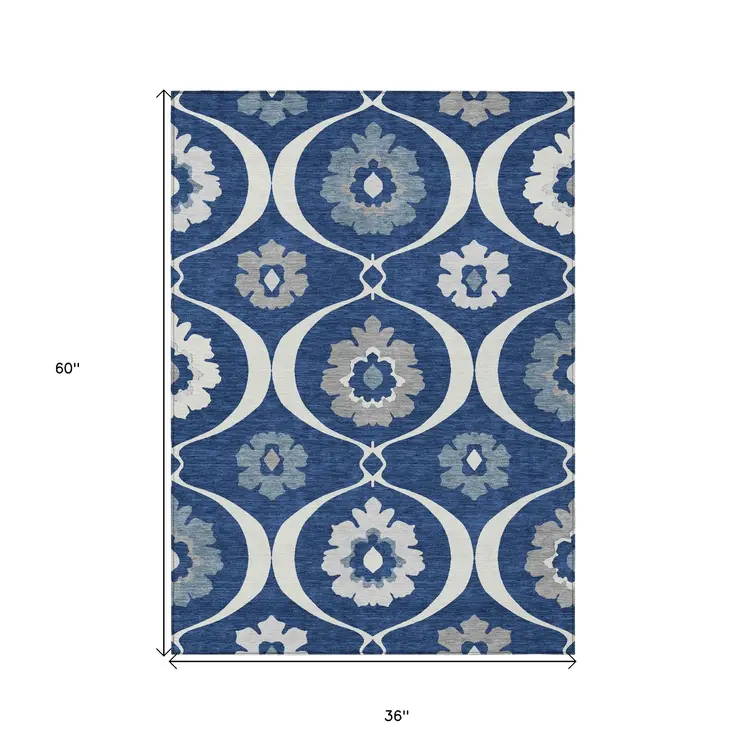 3' X 5' Navy Blue And Ivory Medallion Washable Indoor Outdoor Area Rug