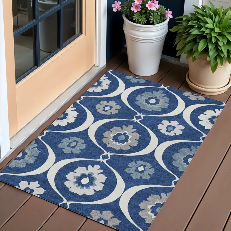 3' X 5' Navy Blue And Ivory Medallion Washable Indoor Outdoor Area Rug