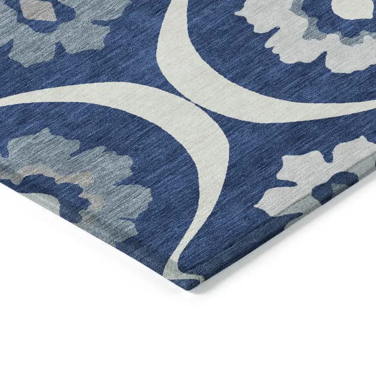 3' X 5' Navy Blue And Ivory Medallion Washable Indoor Outdoor Area Rug