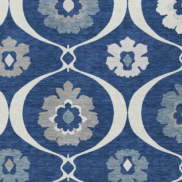 3' X 5' Navy Blue And Ivory Medallion Washable Indoor Outdoor Area Rug