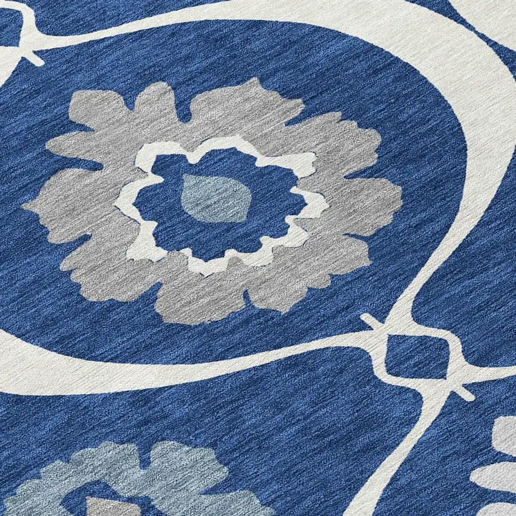 3' X 5' Navy Blue And Ivory Medallion Washable Indoor Outdoor Area Rug