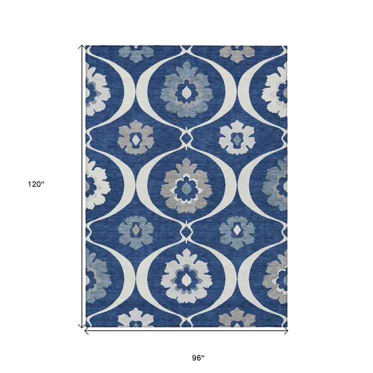 8' X 10' Navy Blue And Ivory Medallion Washable Indoor Outdoor Area Rug