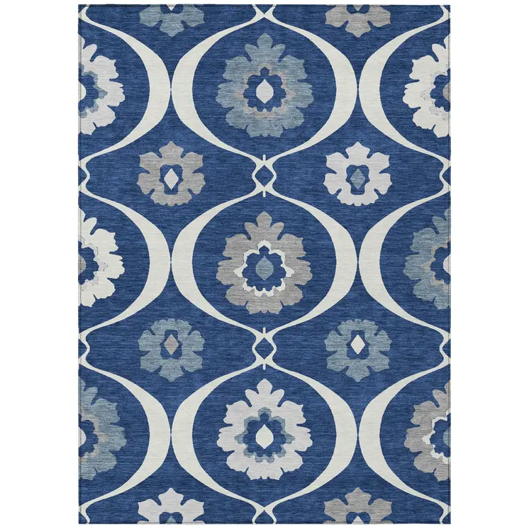8' X 10' Navy Blue And Ivory Medallion Washable Indoor Outdoor Area Rug