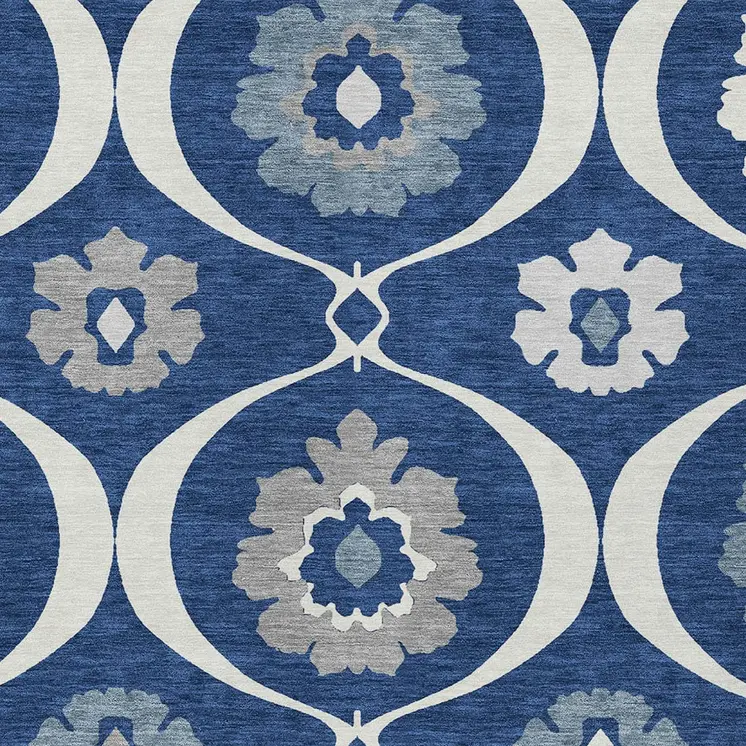 8' X 10' Navy Blue And Ivory Medallion Washable Indoor Outdoor Area Rug