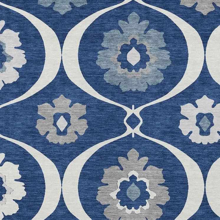 9' X 12' Navy Blue And Ivory Medallion Washable Indoor Outdoor Area Rug