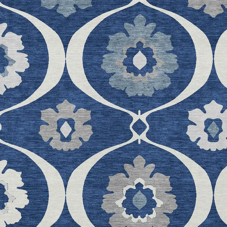 10' X 14' Navy Blue And Ivory Medallion Washable Indoor Outdoor Area Rug