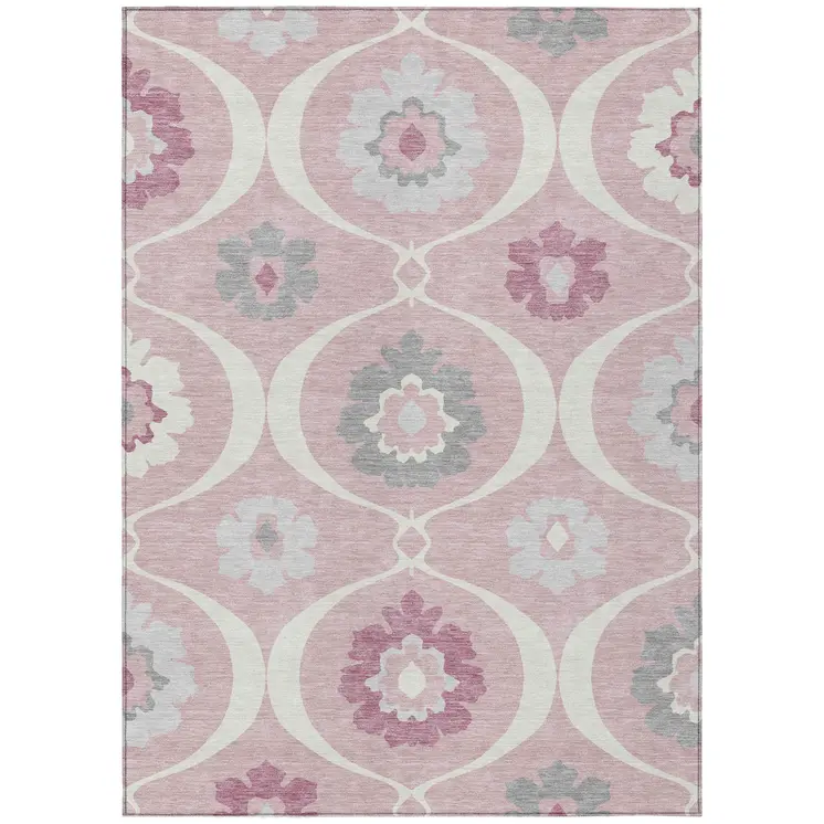 3' X 5' Pink Blush And Gray Medallion Washable Indoor Outdoor Area Rug