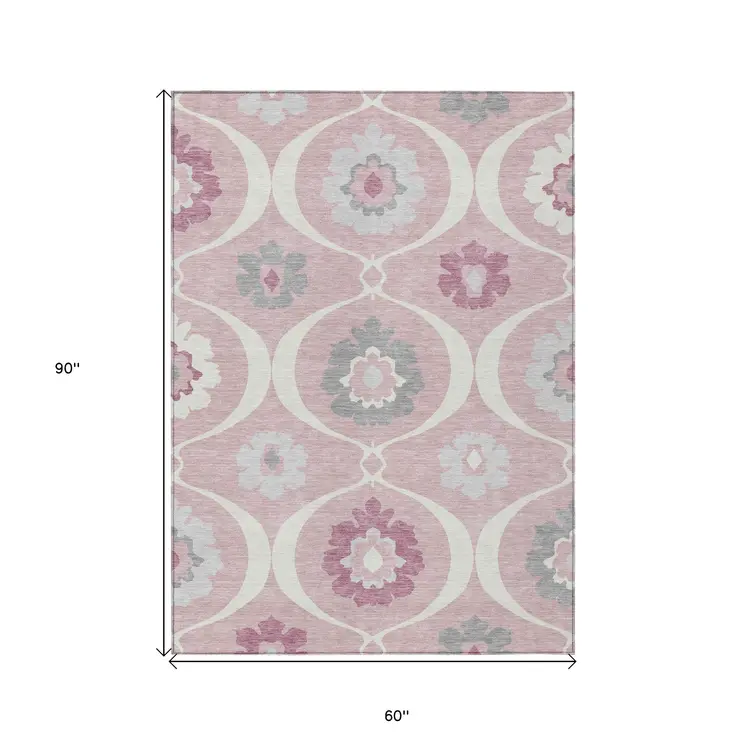 5' X 8' Pink Blush And Gray Medallion Washable Indoor Outdoor Area Rug