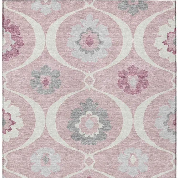 5' X 8' Pink Blush And Gray Medallion Washable Indoor Outdoor Area Rug