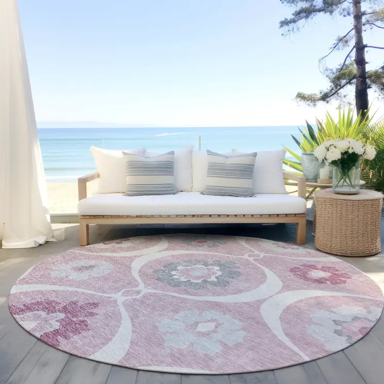 8' Pink Blush And Gray Round Medallion Washable Indoor Outdoor Area Rug