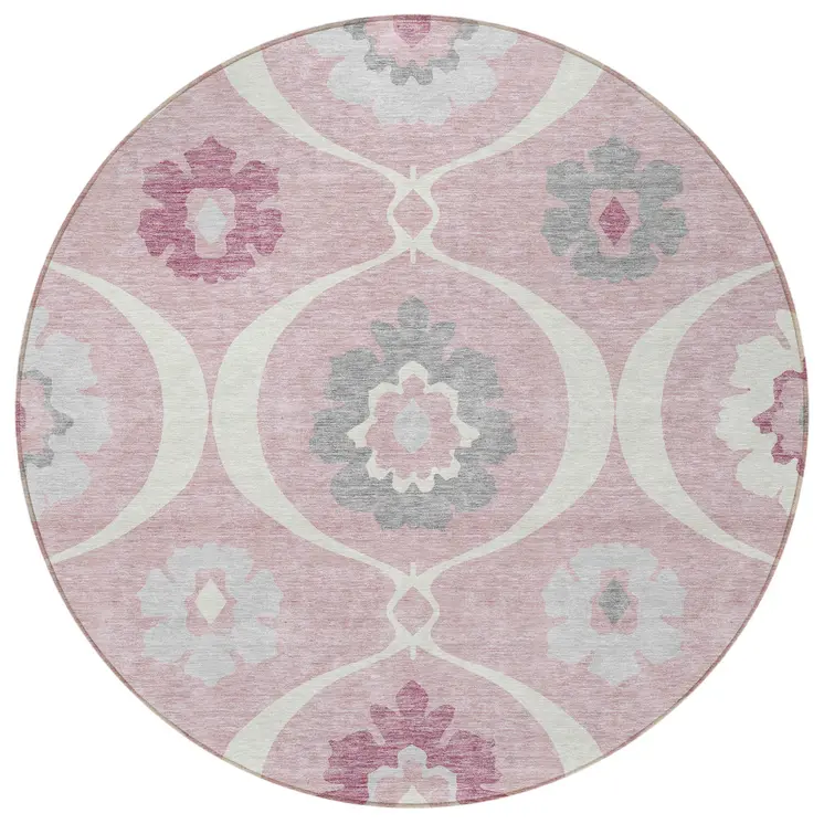 8' Pink Blush And Gray Round Medallion Washable Indoor Outdoor Area Rug