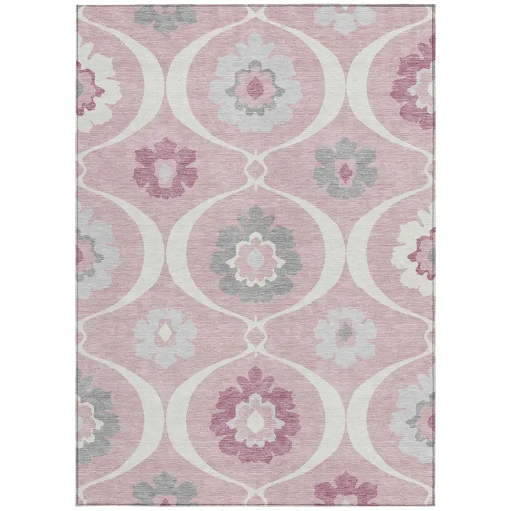 10' X 14' Pink Blush And Gray Medallion Washable Indoor Outdoor Area Rug