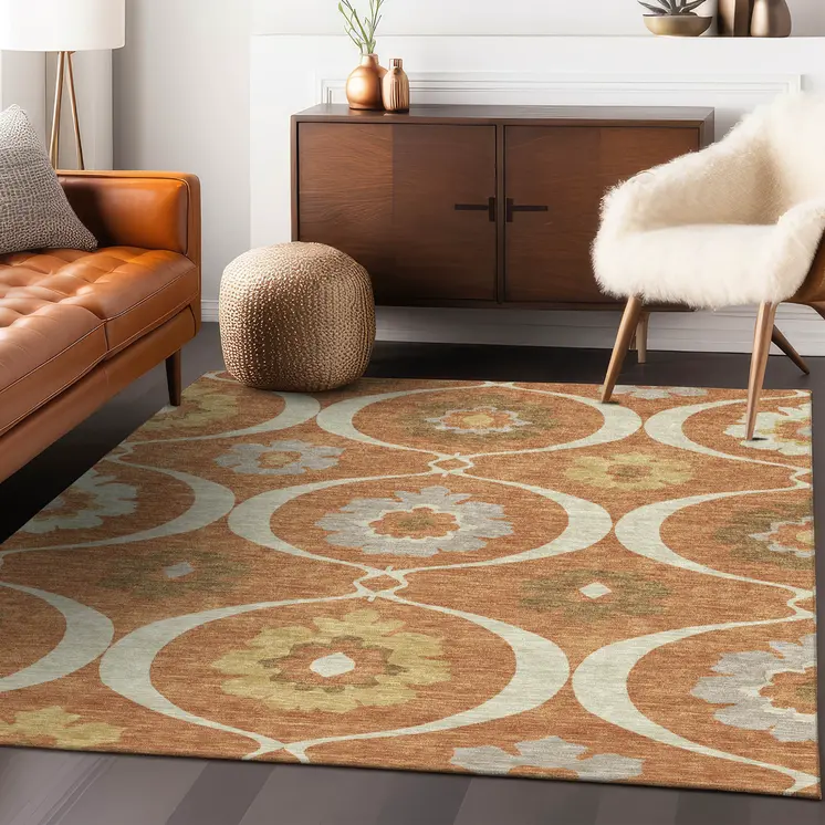 5' X 8' Orange Copper And Gray Medallion Washable Indoor Outdoor Area Rug
