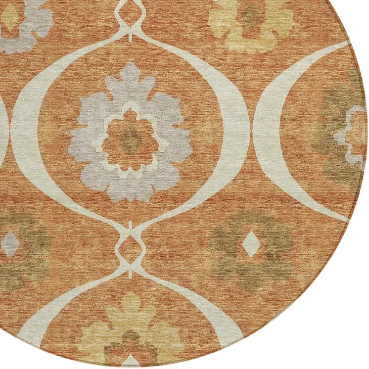8' Orange Copper And Gray Round Medallion Washable Indoor Outdoor Area Rug