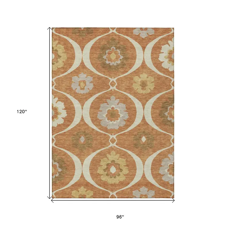 8' X 10' Orange Copper And Gray Medallion Washable Indoor Outdoor Area Rug