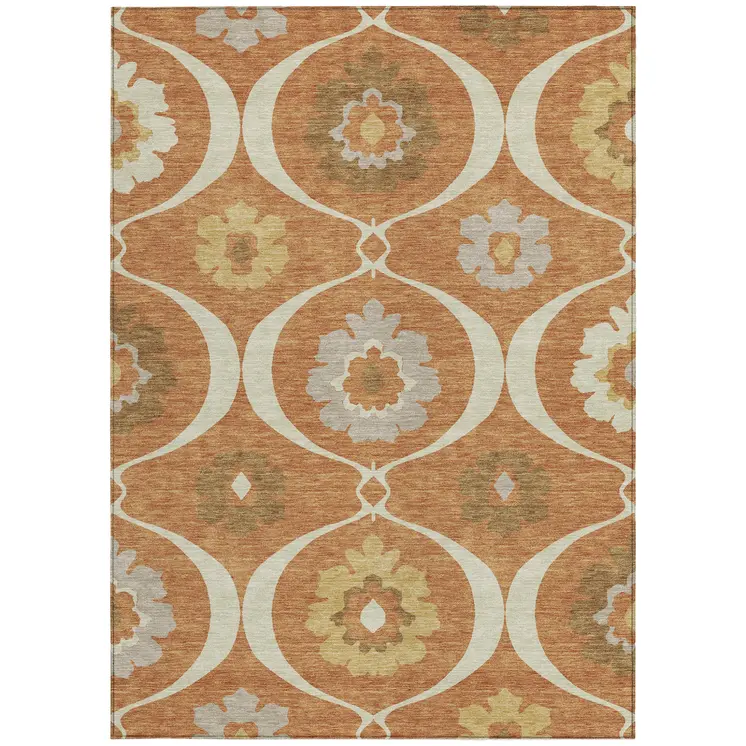 9' X 12' Orange Copper And Gray Medallion Washable Indoor Outdoor Area Rug