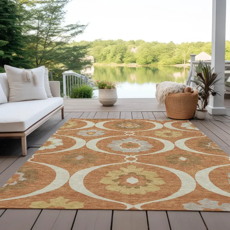 9' X 12' Orange Copper And Gray Medallion Washable Indoor Outdoor Area Rug