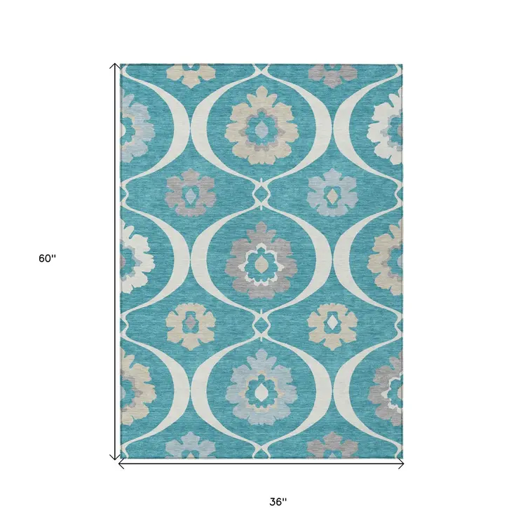 3' X 5' Teal Blue Gray And Beige Medallion Washable Indoor Outdoor Area Rug