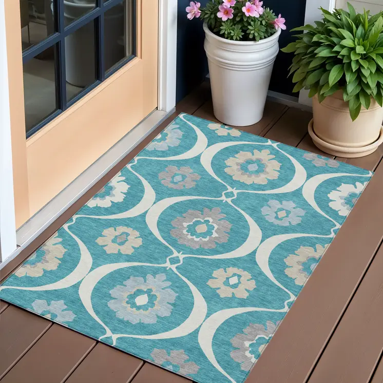 3' X 5' Teal Blue Gray And Beige Medallion Washable Indoor Outdoor Area Rug