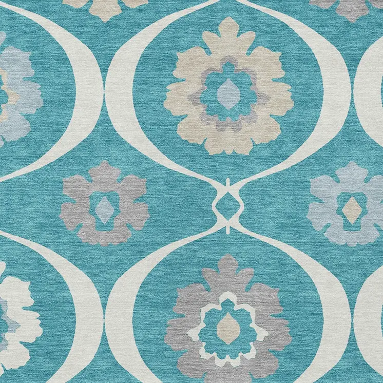 3' X 5' Teal Blue Gray And Beige Medallion Washable Indoor Outdoor Area Rug