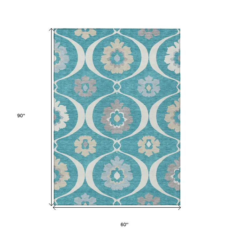 5' X 8' Teal Blue Gray And Beige Medallion Washable Indoor Outdoor Area Rug