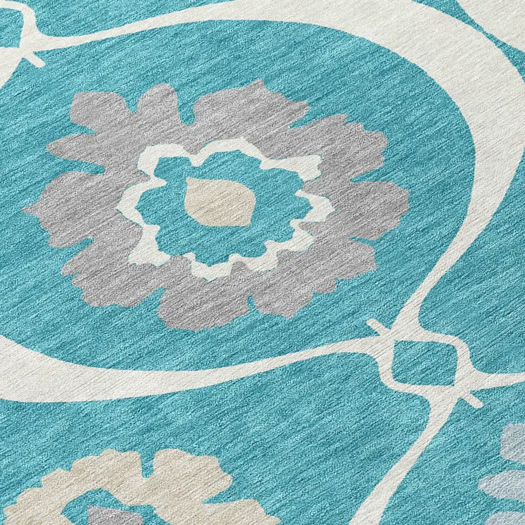 5' X 8' Teal Blue Gray And Beige Medallion Washable Indoor Outdoor Area Rug
