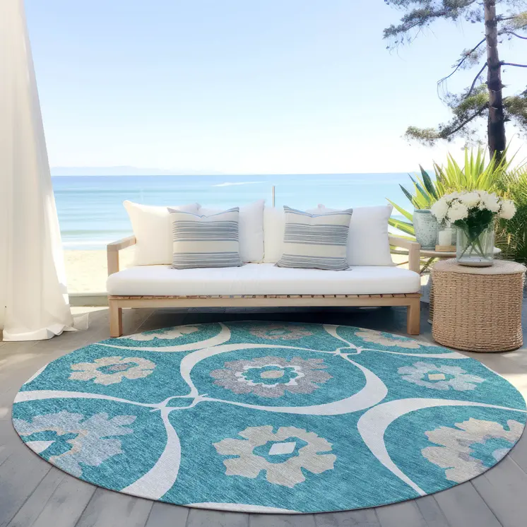 8' Teal Blue Gray And Beige Round Medallion Washable Indoor Outdoor Area Rug