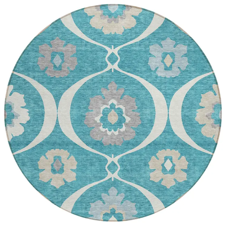 8' Teal Blue Gray And Beige Round Medallion Washable Indoor Outdoor Area Rug