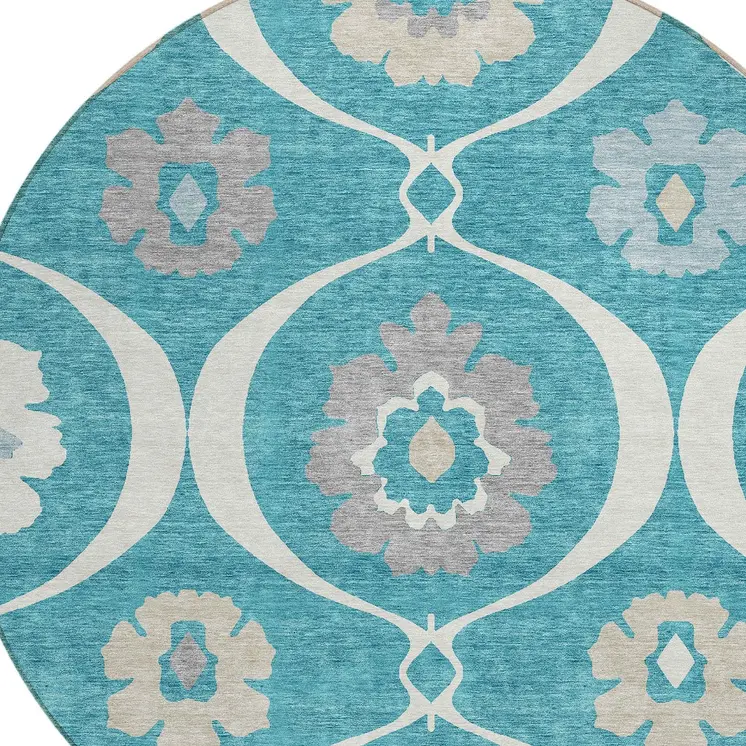 8' Teal Blue Gray And Beige Round Medallion Washable Indoor Outdoor Area Rug
