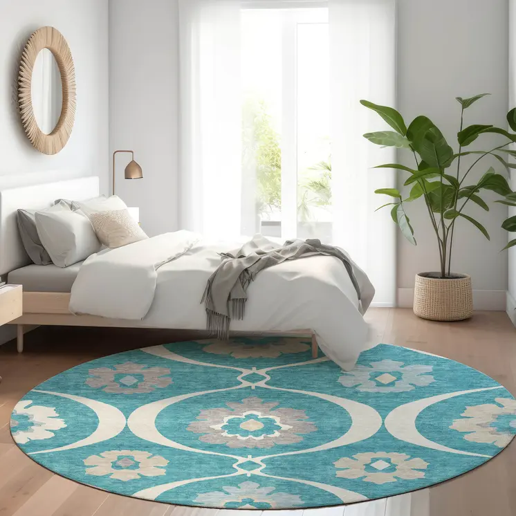 8' Teal Blue Gray And Beige Round Medallion Washable Indoor Outdoor Area Rug