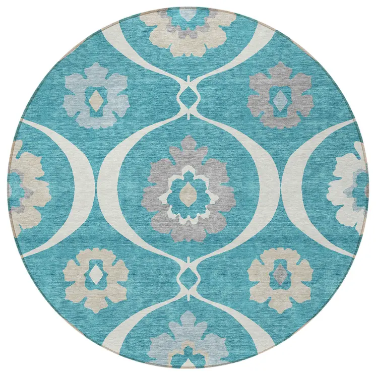8' Teal Blue Gray And Beige Round Medallion Washable Indoor Outdoor Area Rug