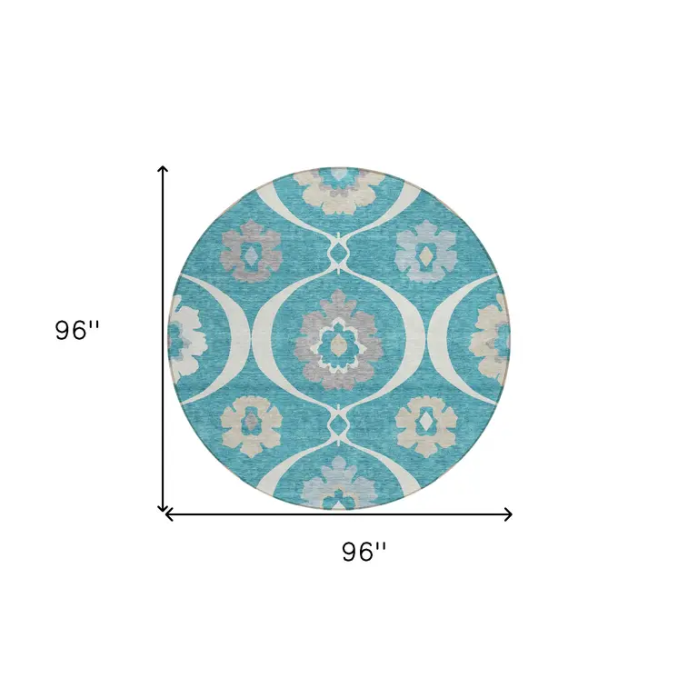 8' Teal Blue Gray And Beige Round Medallion Washable Indoor Outdoor Area Rug
