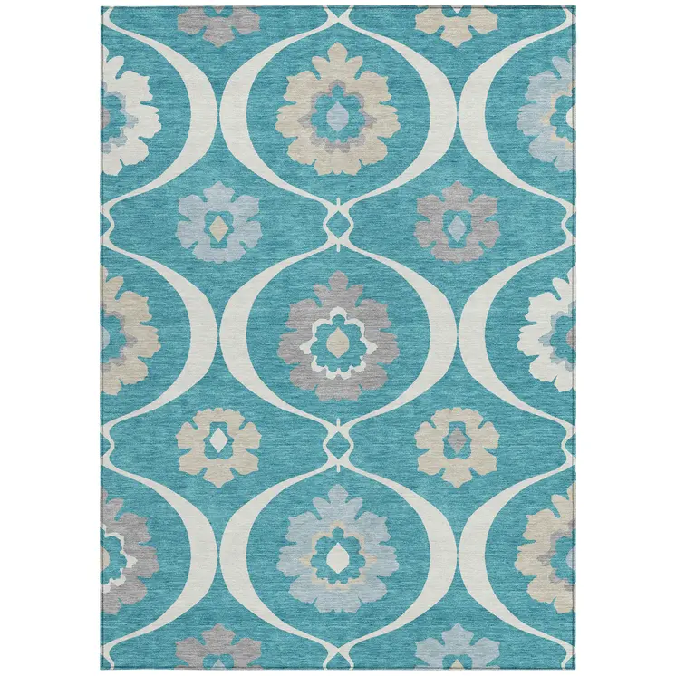 8' X 10' Teal Blue Gray And Beige Medallion Washable Indoor Outdoor Area Rug