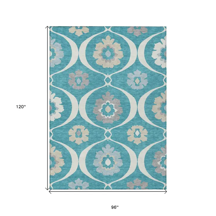 8' X 10' Teal Blue Gray And Beige Medallion Washable Indoor Outdoor Area Rug