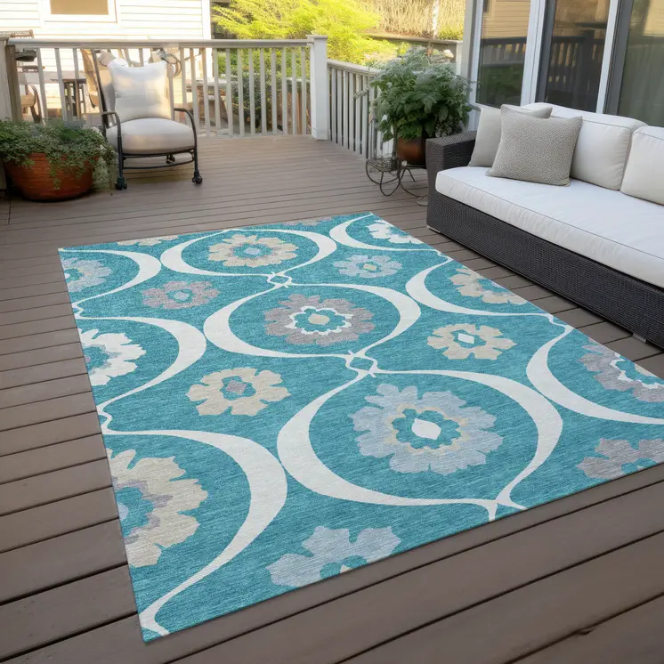 8' X 10' Teal Blue Gray And Beige Medallion Washable Indoor Outdoor Area Rug