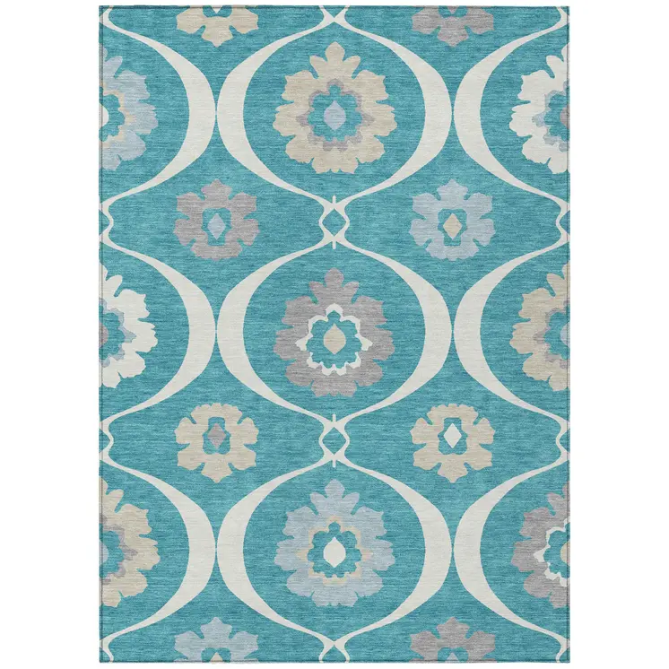 8' X 10' Teal Blue Gray And Beige Medallion Washable Indoor Outdoor Area Rug