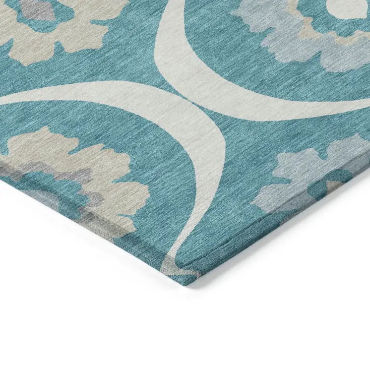 8' X 10' Teal Blue Gray And Beige Medallion Washable Indoor Outdoor Area Rug