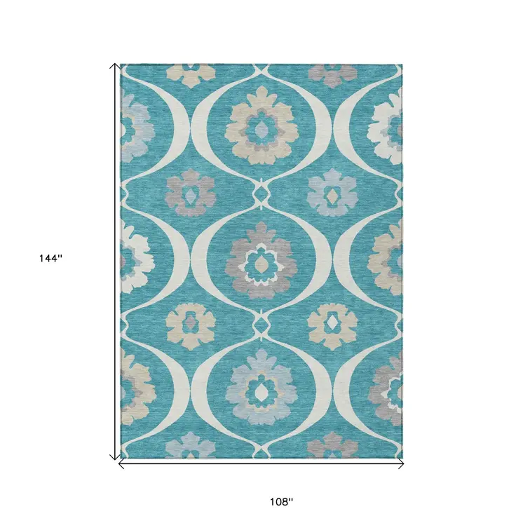 9' X 12' Teal Blue Gray And Beige Medallion Washable Indoor Outdoor Area Rug
