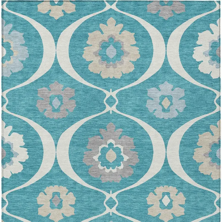 9' X 12' Teal Blue Gray And Beige Medallion Washable Indoor Outdoor Area Rug