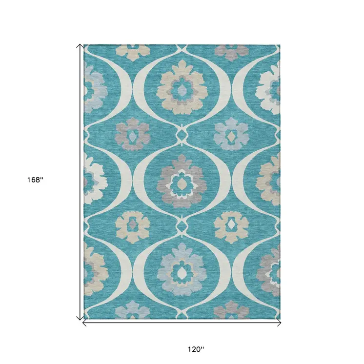 10' X 14' Teal Blue Gray And Beige Medallion Washable Indoor Outdoor Area Rug