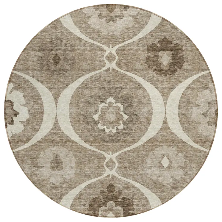 8' Taupe Brown And Ivory Round Medallion Washable Indoor Outdoor Area Rug