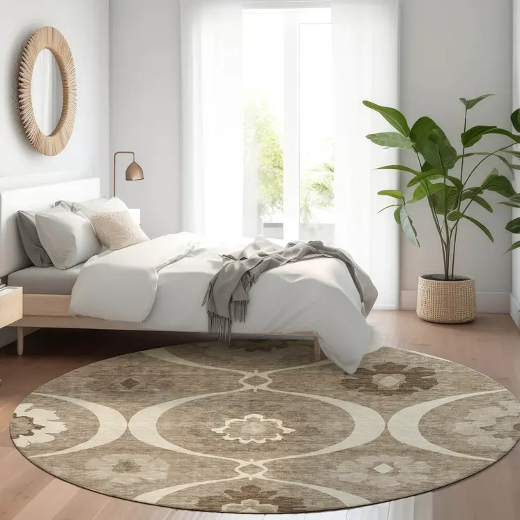 8' Taupe Brown And Ivory Round Medallion Washable Indoor Outdoor Area Rug