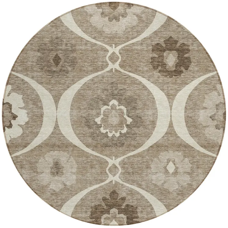 8' Taupe Brown And Ivory Round Medallion Washable Indoor Outdoor Area Rug